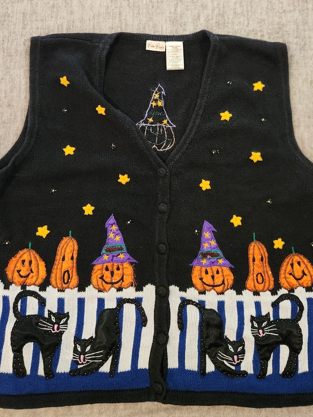 Halloween Pumpkin & Black Cat Womana Vintage 90s Ugly Vest - Black XXLg Rare